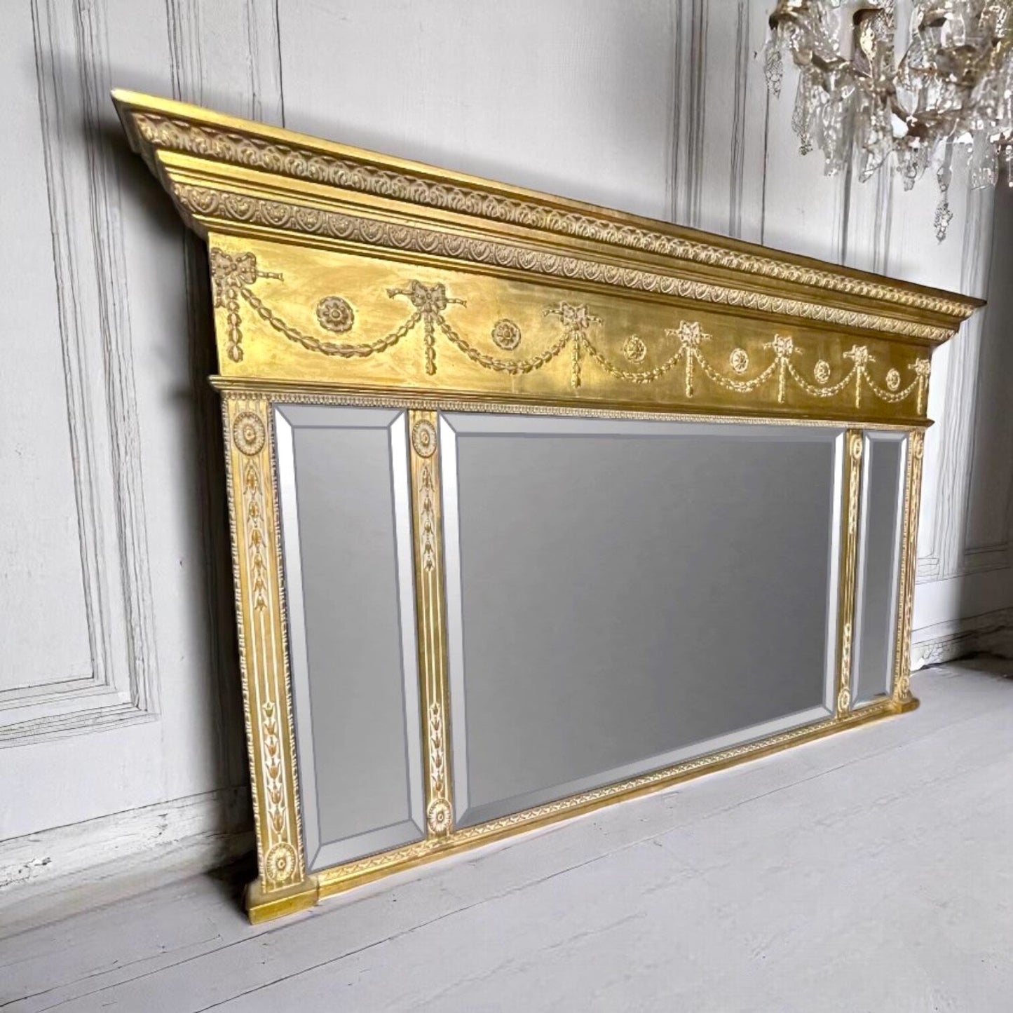 SOLD : Adams Regency Style Large Triple Plate Gilt Over Mantle Bevelled Mirror