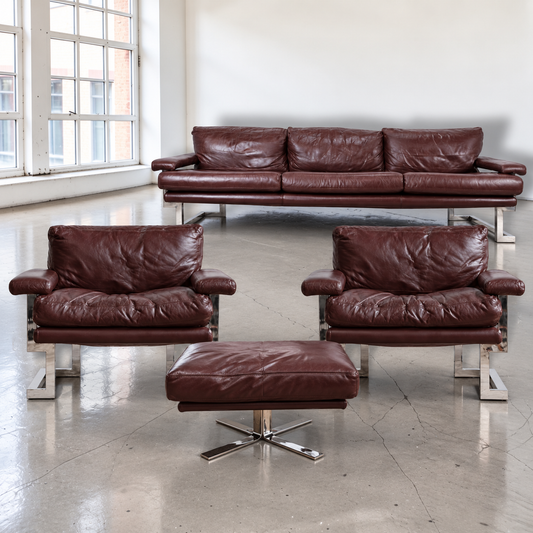 Mid Century Pieff Mandarin 3-Seater Sofa,Pair of Armchairs and rare footstool Tim Bates, 1970s