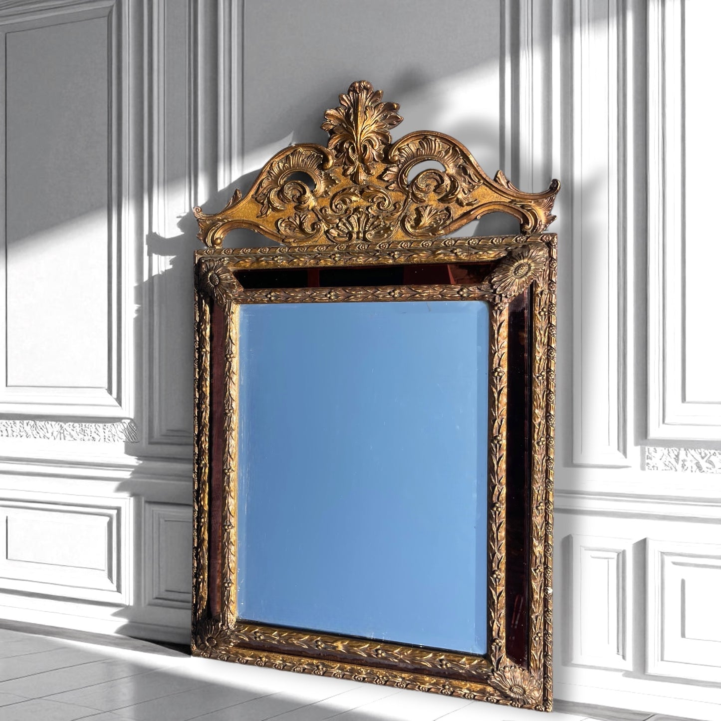 Antique Gilt Gesso Rocco Mirror,Ruby Red Cushion Framed French Style Mirror.1860