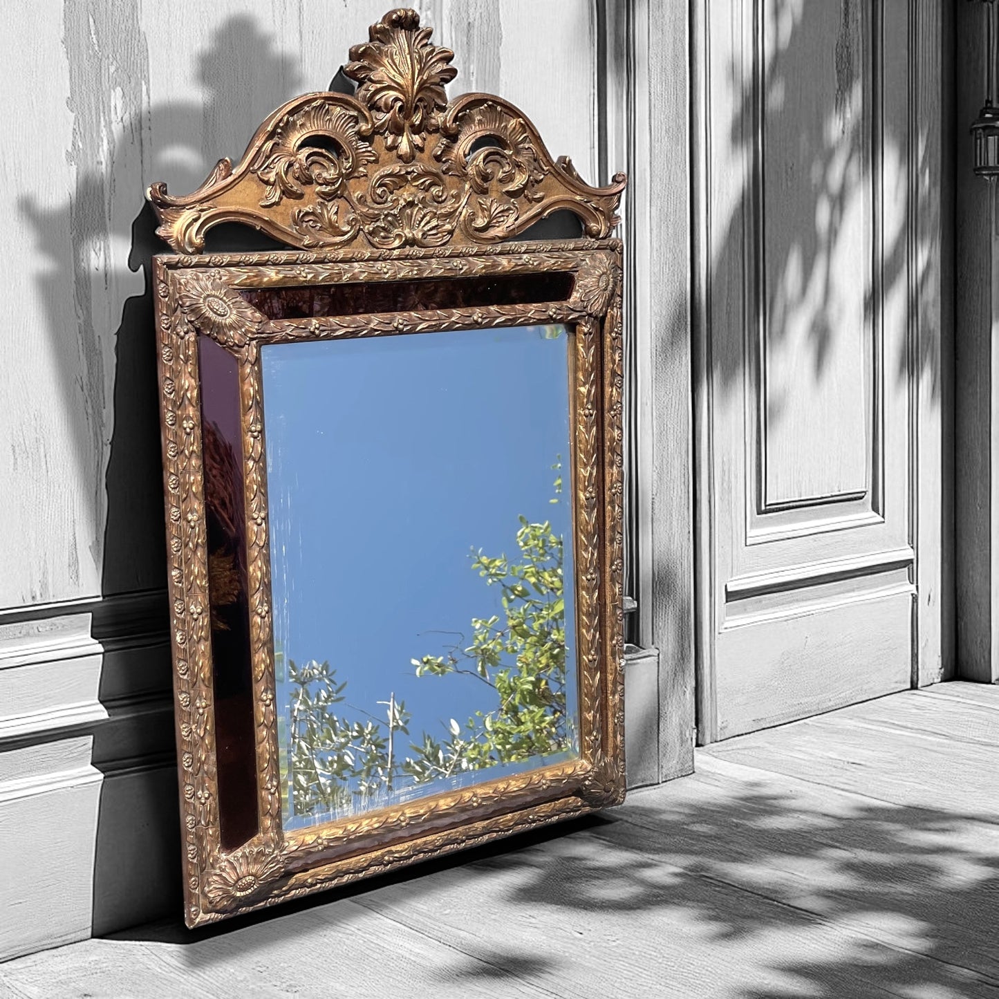 Antique Gilt Gesso Rocco Mirror,Ruby Red Cushion Framed French Style Mirror.1860