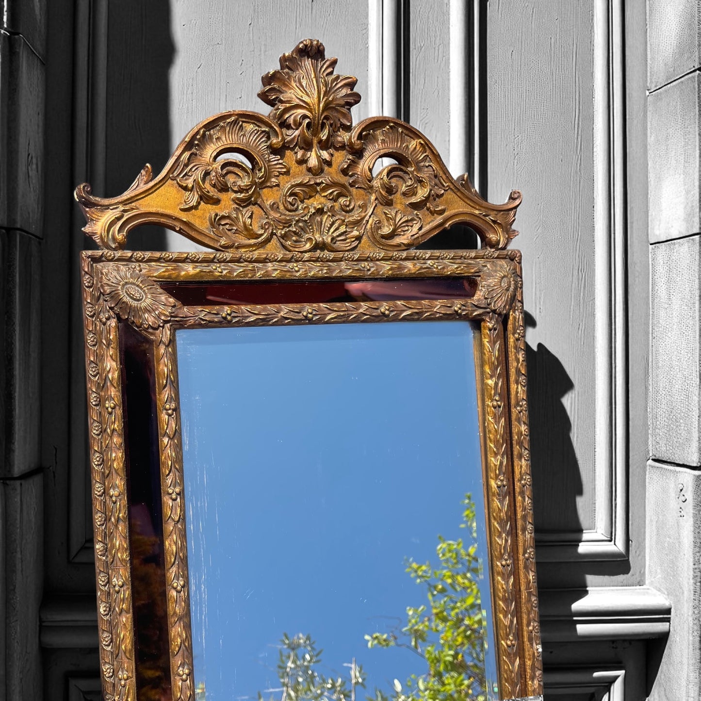 Antique Gilt Gesso Rocco Mirror,Ruby Red Cushion Framed French Style Mirror.1860