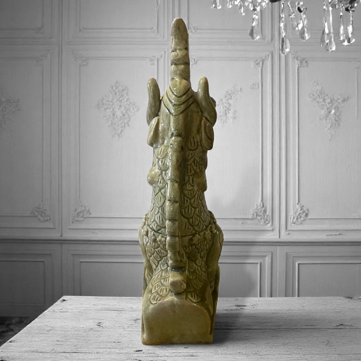 Antique Celadon Temple Guardian Foo Dog Dragon Southeast Asian Architectural Sculpture, 18” Tall