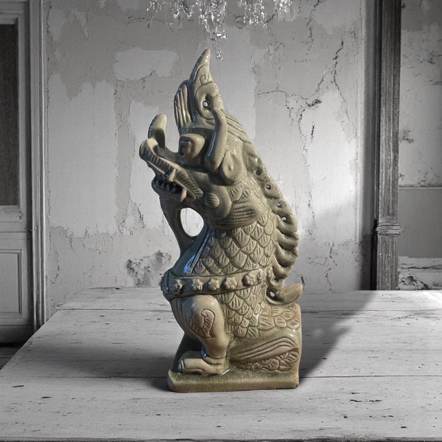 Antique Celadon Temple Guardian Foo Dog Dragon Southeast Asian Architectural Sculpture, 18” Tall