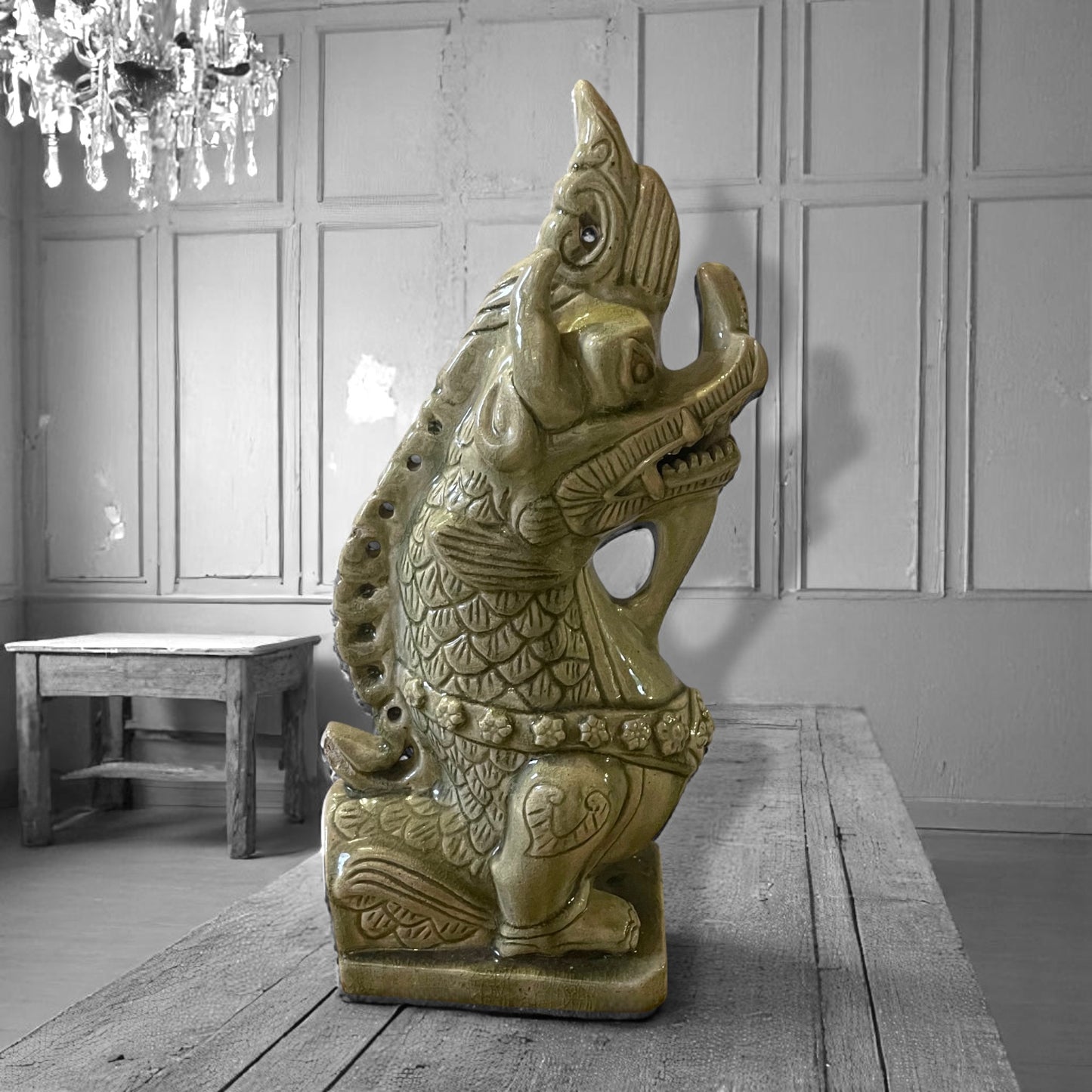 Antique Celadon Temple Guardian Foo Dog Dragon Southeast Asian Architectural Sculpture, 18” Tall