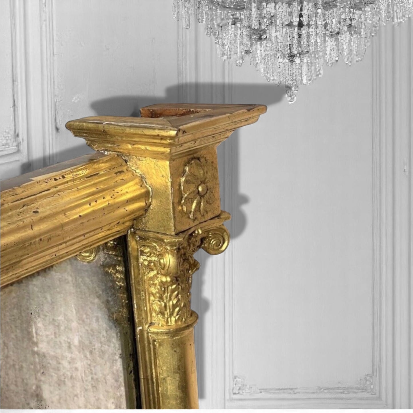 Antique French Empire Gilt Wood Pier Frosted Overmantel Mirror