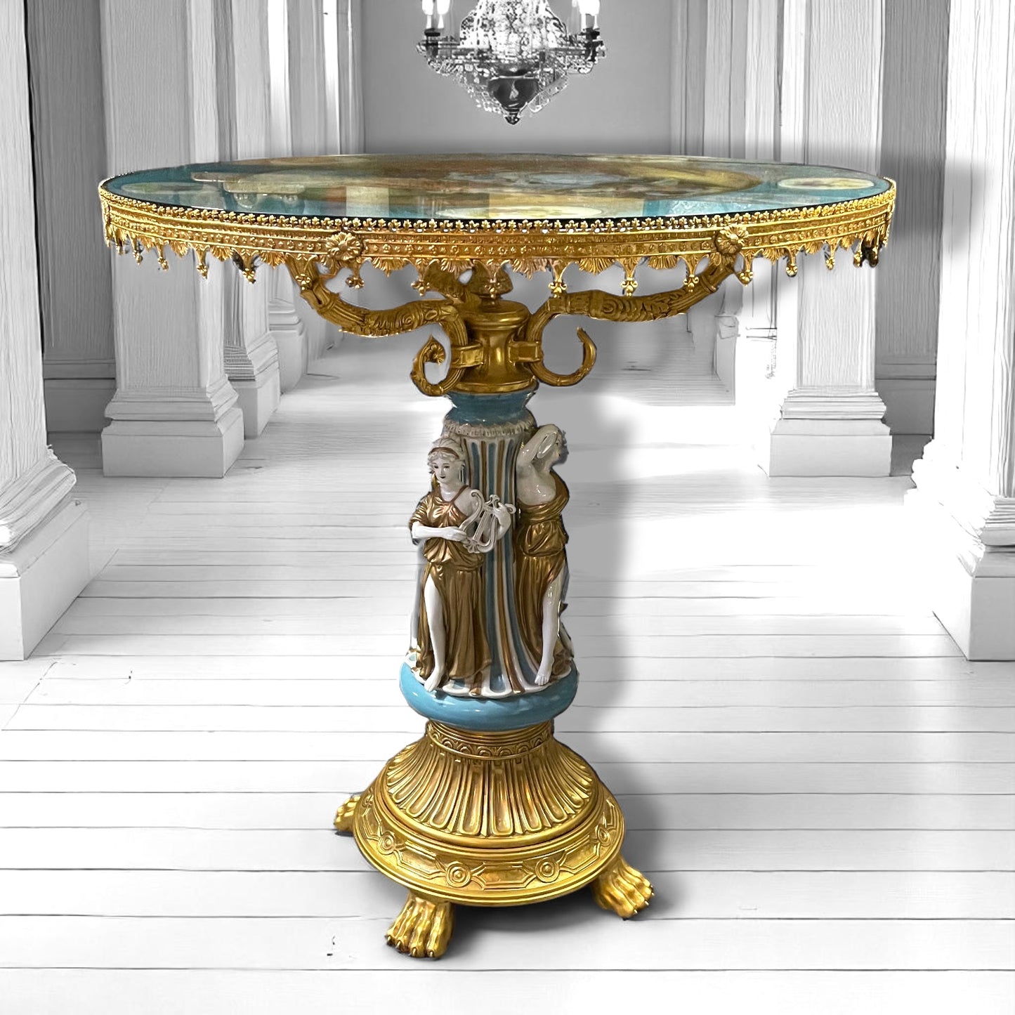 Sevres Rococo Style Porcelain Giltwood Guéridon Table ,The Three Graces, c.1970s