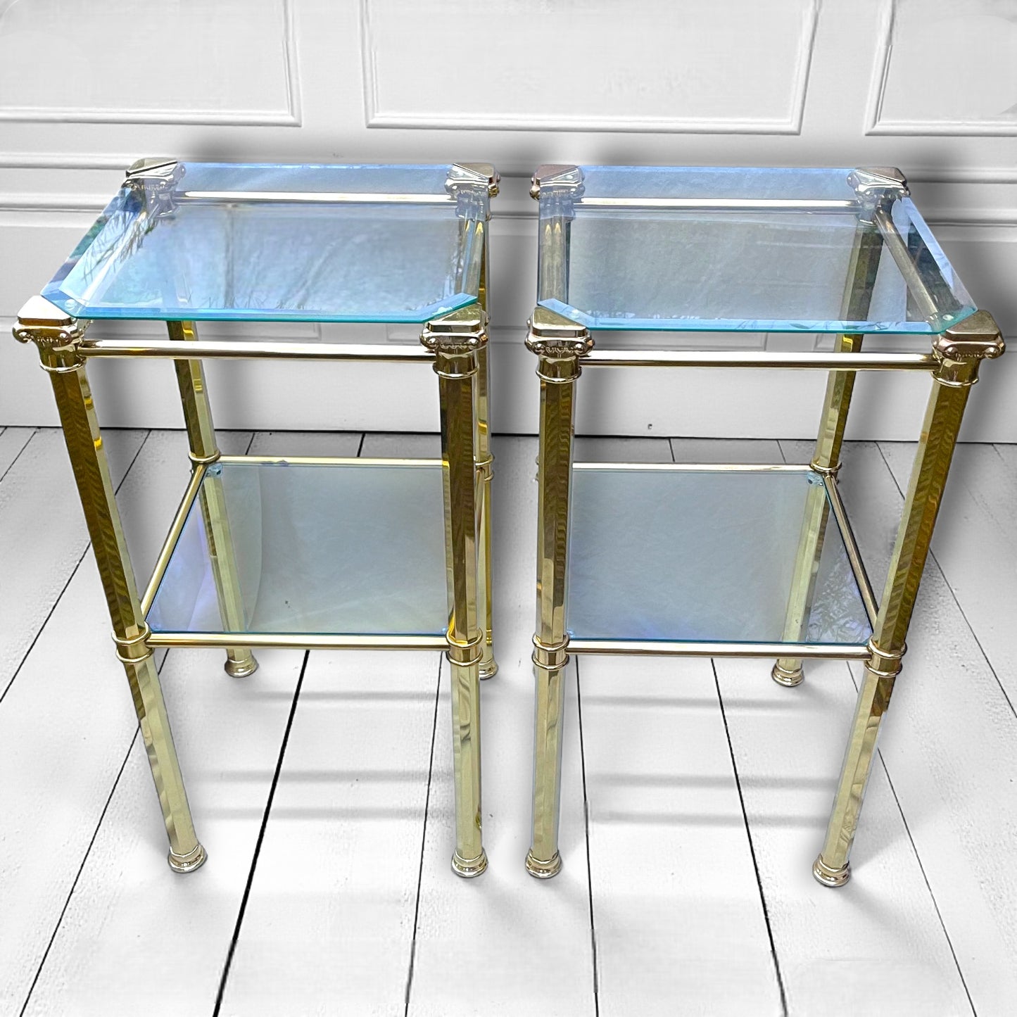 1970s Pair Hollywood Regency Brass & Glass Side Tables, Romeo Rega, Maison Jansen style