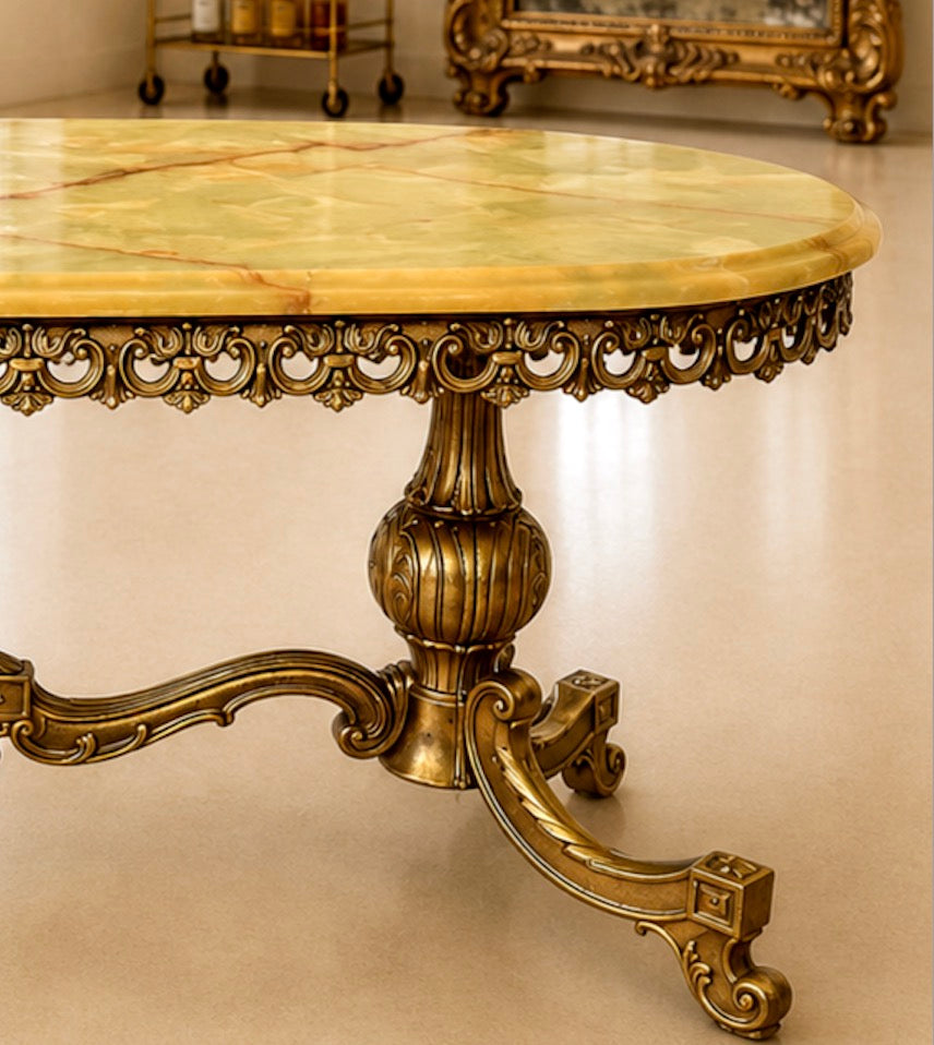 Hollywood Regency Rococo Vintage Italian Onyx Gold Gilt Brass Coffee Table.