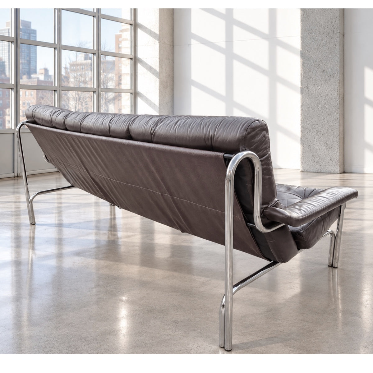 Mid Century Pieff Alpha 3 Seater Brown Leather Chrome Sofa by Tim Bates 1970's