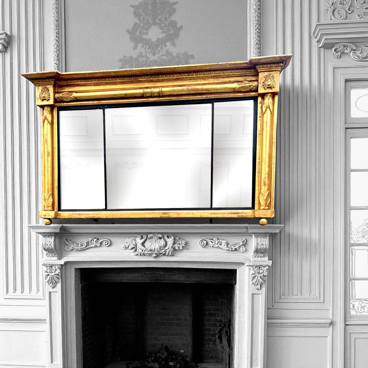 Antique Regency Overmantel Gilded Triple Mirror , Leaf Crest, Mercury Glass c.1830