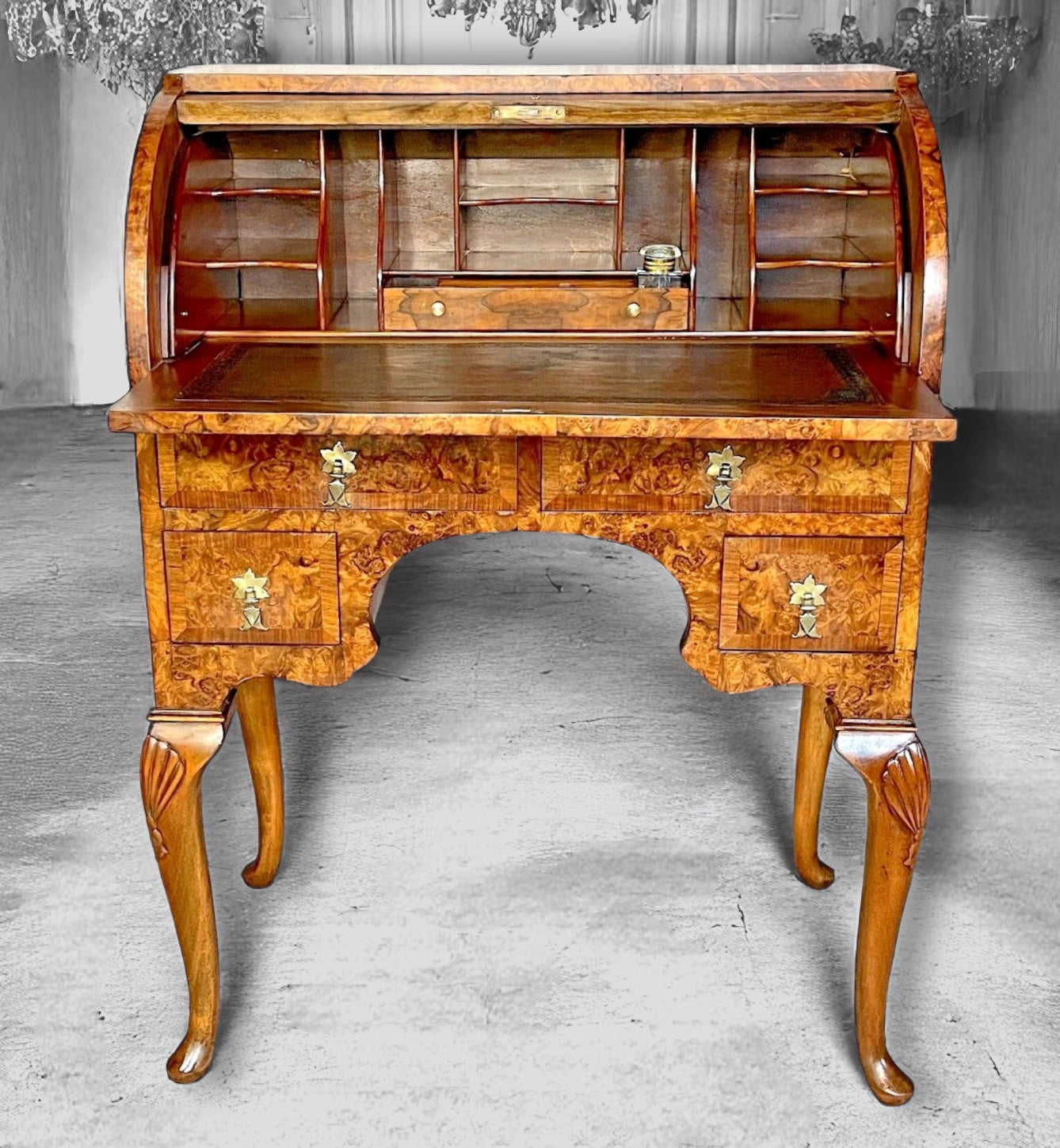 Antique Queen Anne Style Burr Walnut Cylinder Bureau, Wylie & Lochhead