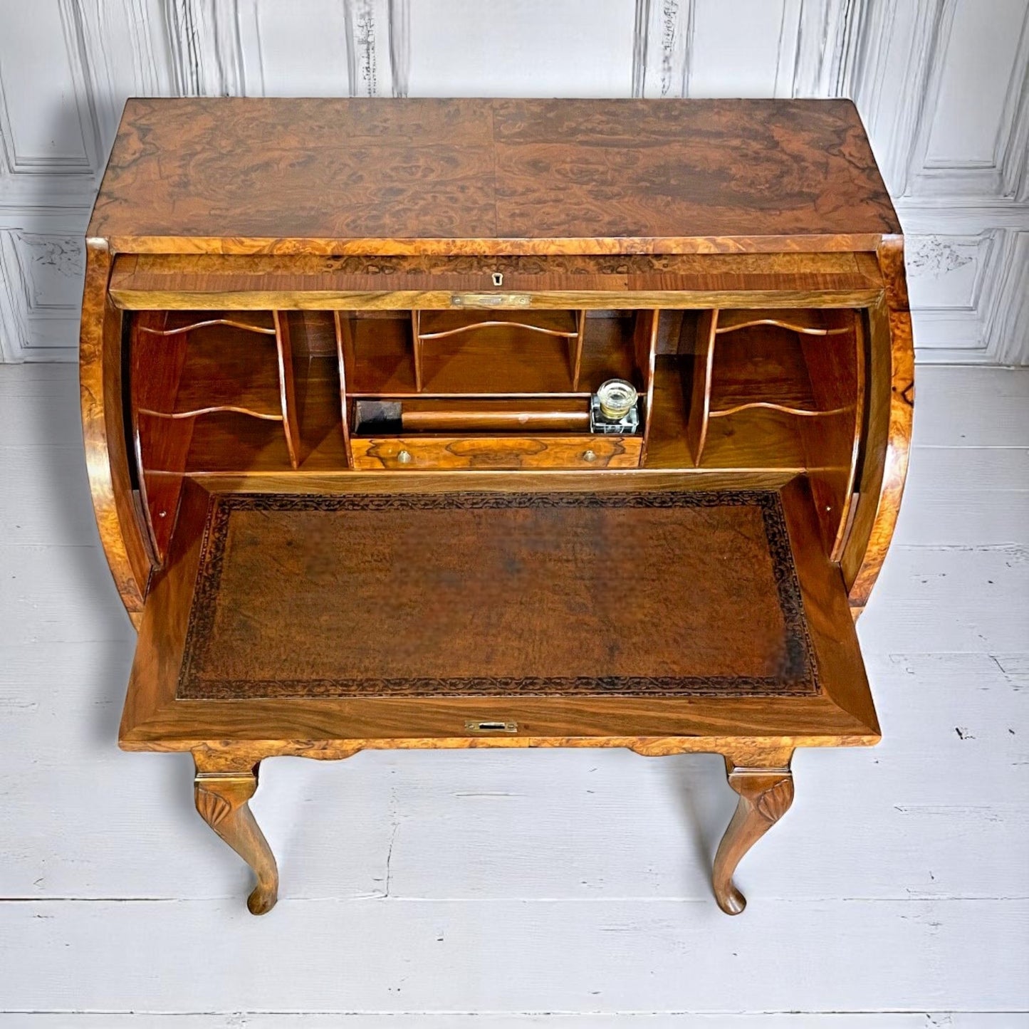 Antique Queen Anne Style Burr Walnut Cylinder Bureau, Wylie & Lochhead