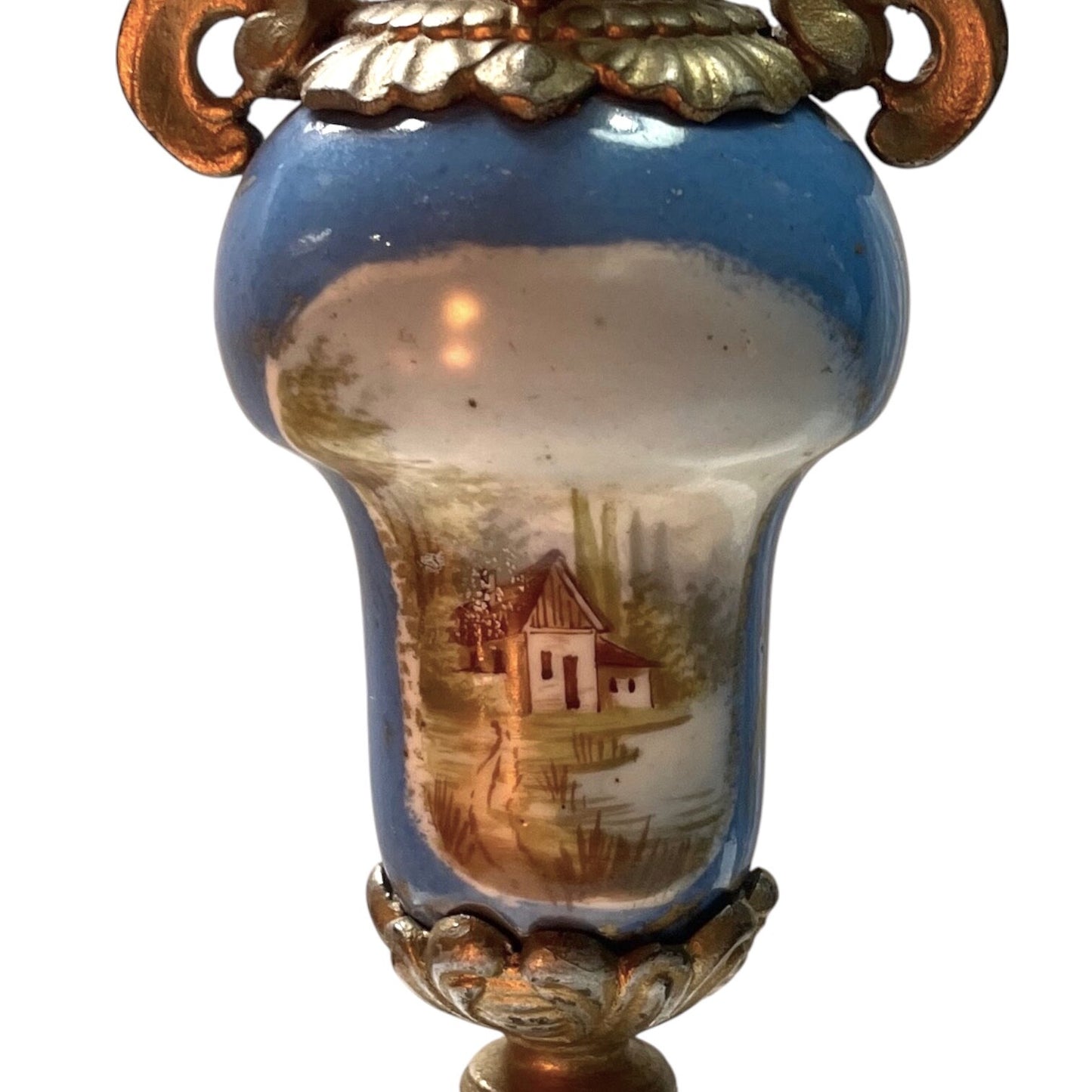 Pair of Antique French Ormolu & Porcelain Candlesticks Hand-Painted Landscape Panels – Rococo Revival, c. 1880–1900