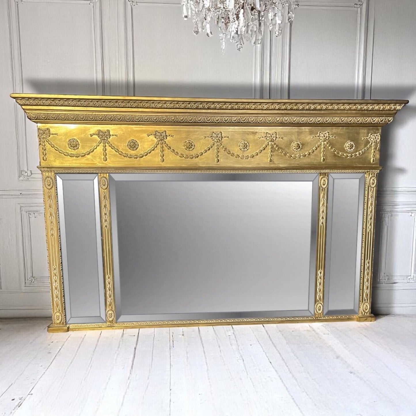 SOLD : Adams Regency Style Large Triple Plate Gilt Over Mantle Bevelled Mirror