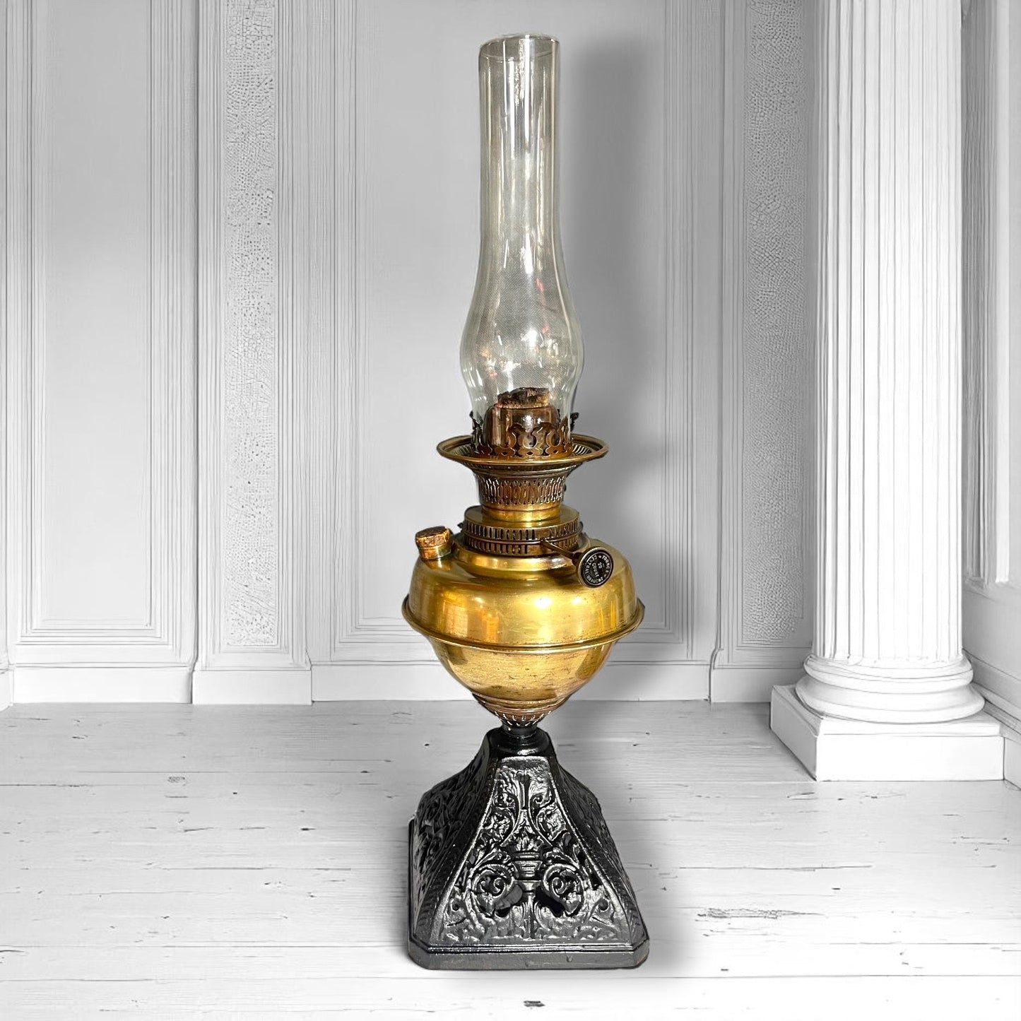 Antique Victorian Oil Lamp Young’s 20 Count Burner, Etched Adam Globe,Cast Iron