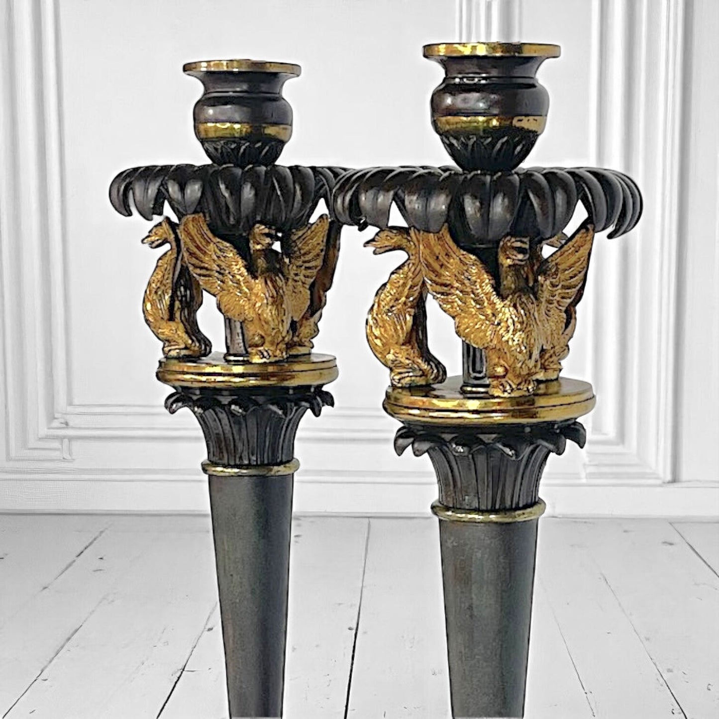 Pair of French Empire Candlesticks c.1810 – Gilt Bronze Swans – Attributed to Claude Galle