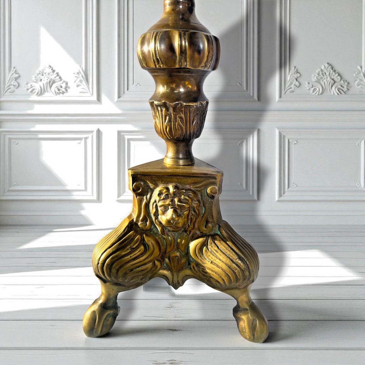 Pair of Antique Brass Candlesticks – Lion Mask & Acanthus Bases – Empire Revival Style c.1880