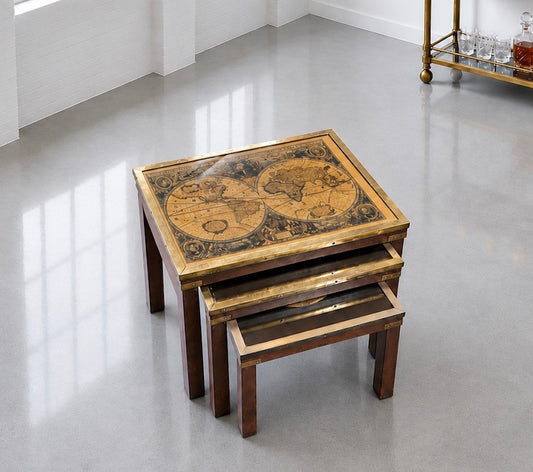 Mid-century Maison Jansen Attributed Campaign Nest 3 World Map Tables Brass c1960