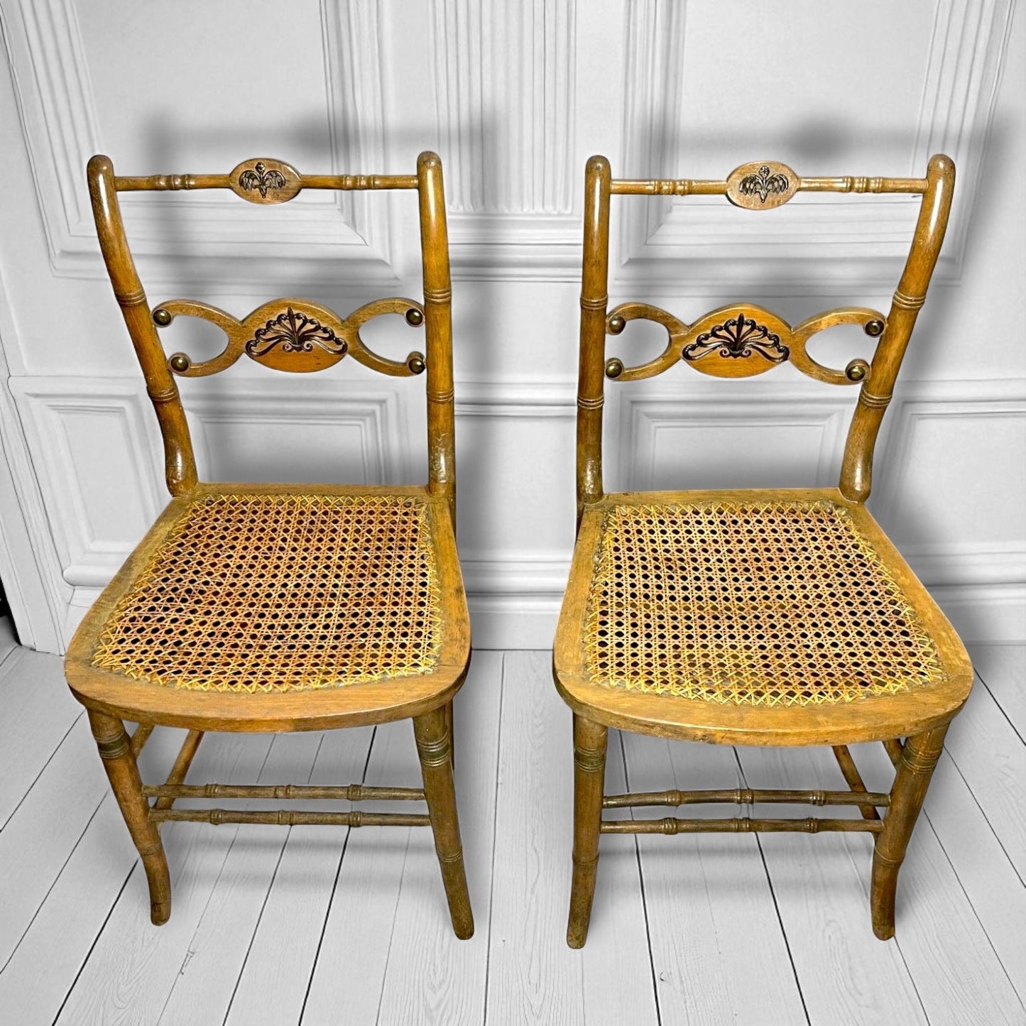 Napoleonic Empire Cane Brass Filagree Opera Chairs 1830's