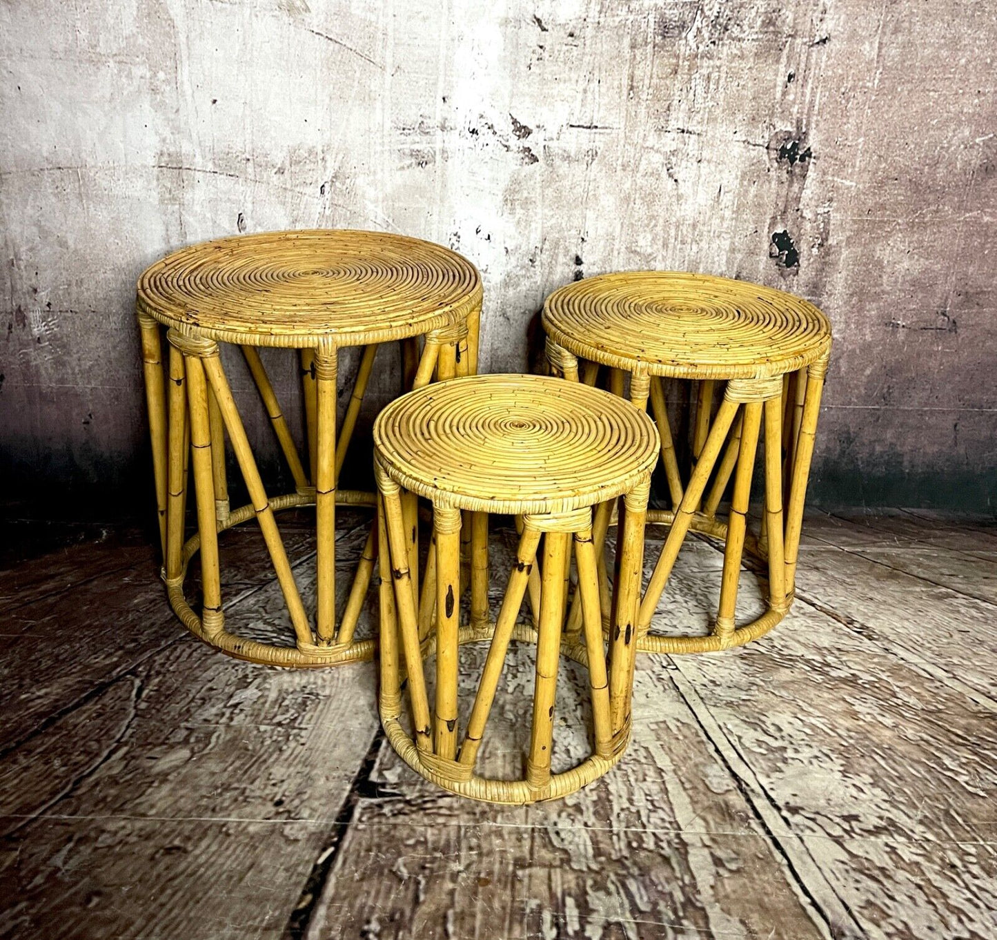 Mid Century Nest of 3 Boho Cylinder Blonde Bamboo Tables/Stools