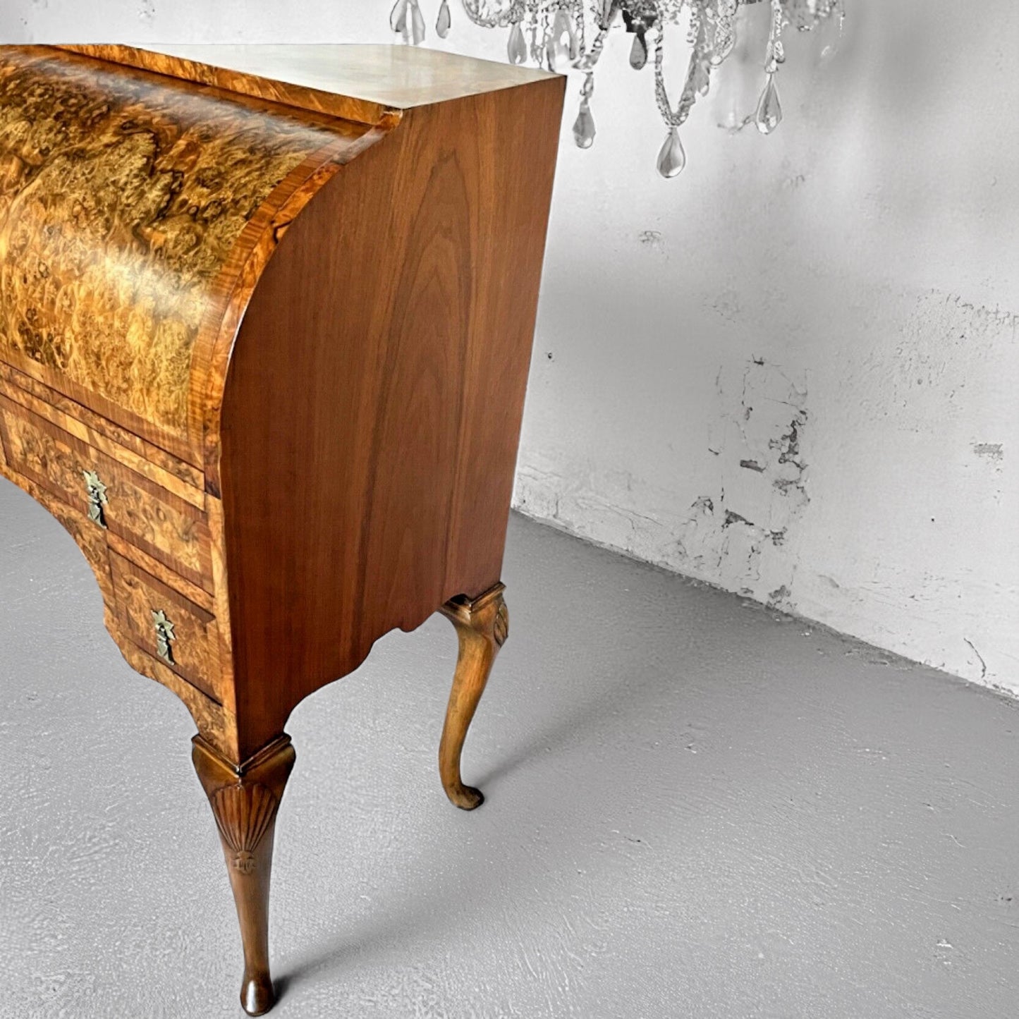 Antique Queen Anne Style Burr Walnut Cylinder Bureau, Wylie & Lochhead
