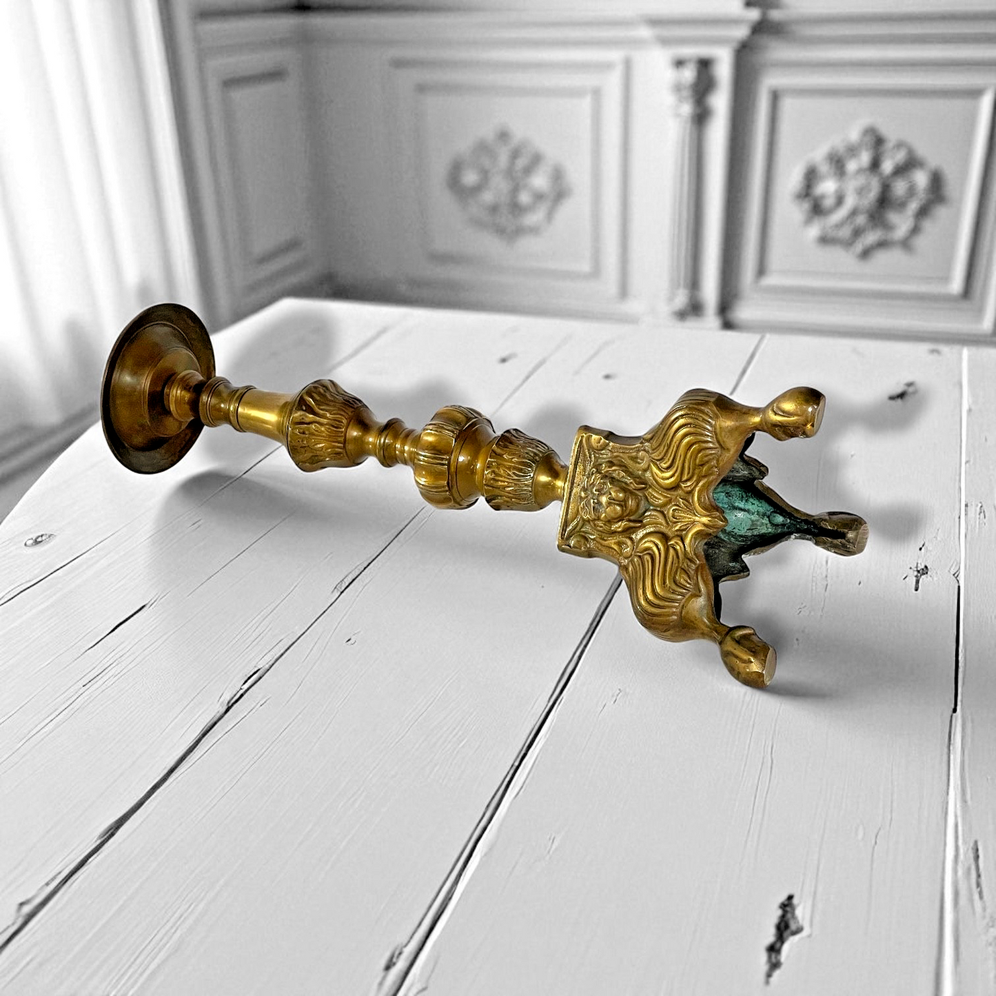Pair of Antique Brass Candlesticks – Lion Mask & Acanthus Bases – Empire Revival Style c.1880