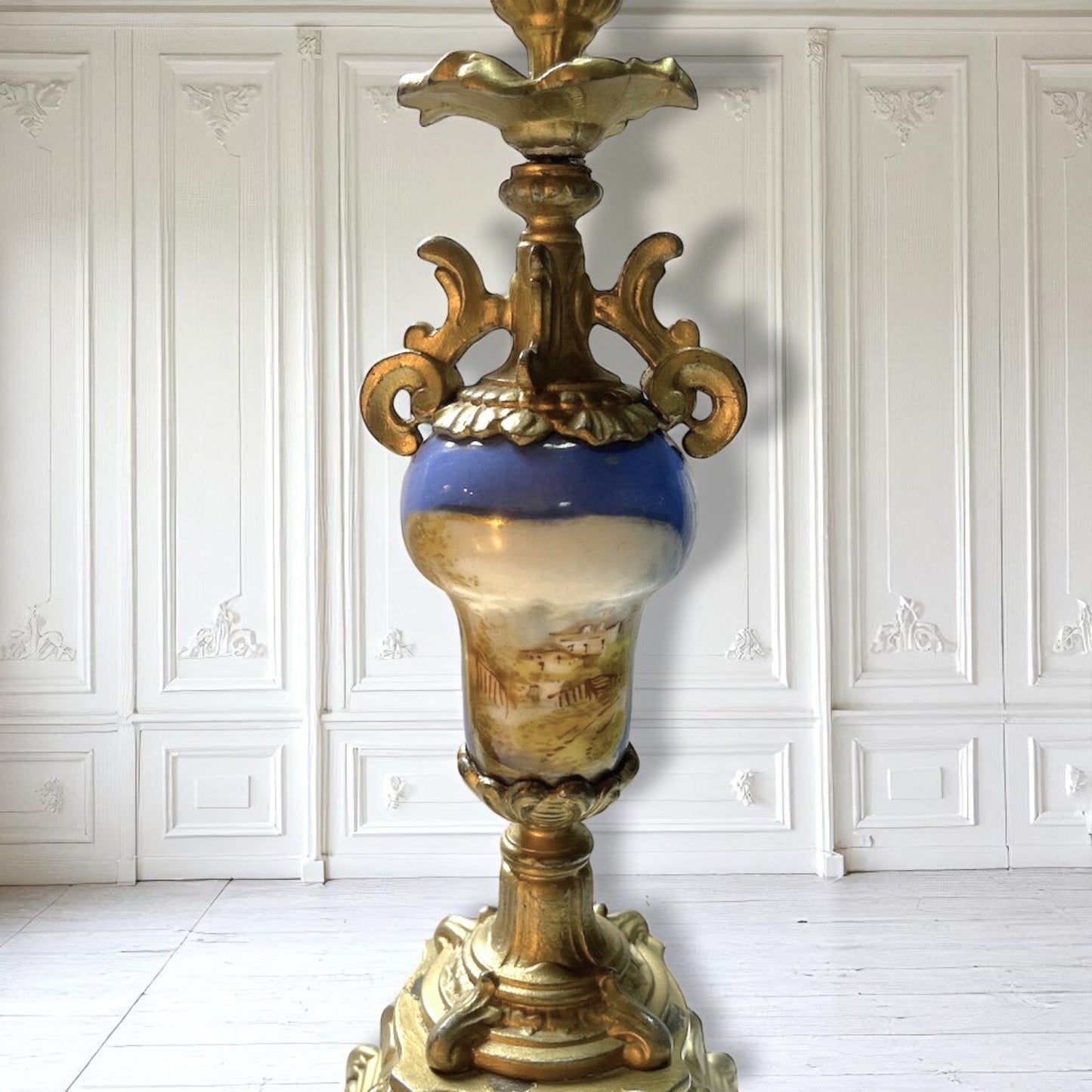 Pair of Antique French Ormolu & Porcelain Candlesticks Hand-Painted Landscape Panels – Rococo Revival, c. 1880–1900