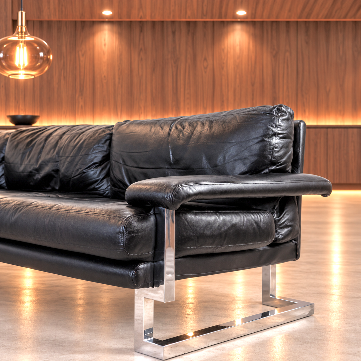 Mid Century Pieff Mandarin 3-Seater Black Leather Sofa,Tim Bates, 1970s