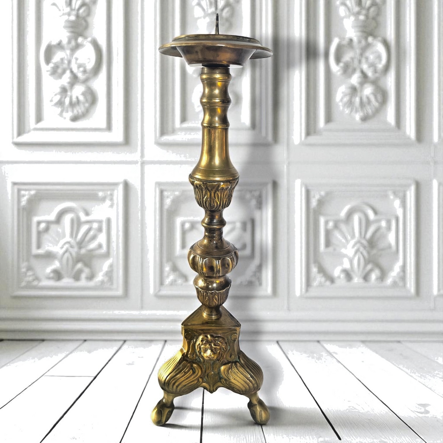 Pair of Antique Brass Candlesticks – Lion Mask & Acanthus Bases – Empire Revival Style c.1880