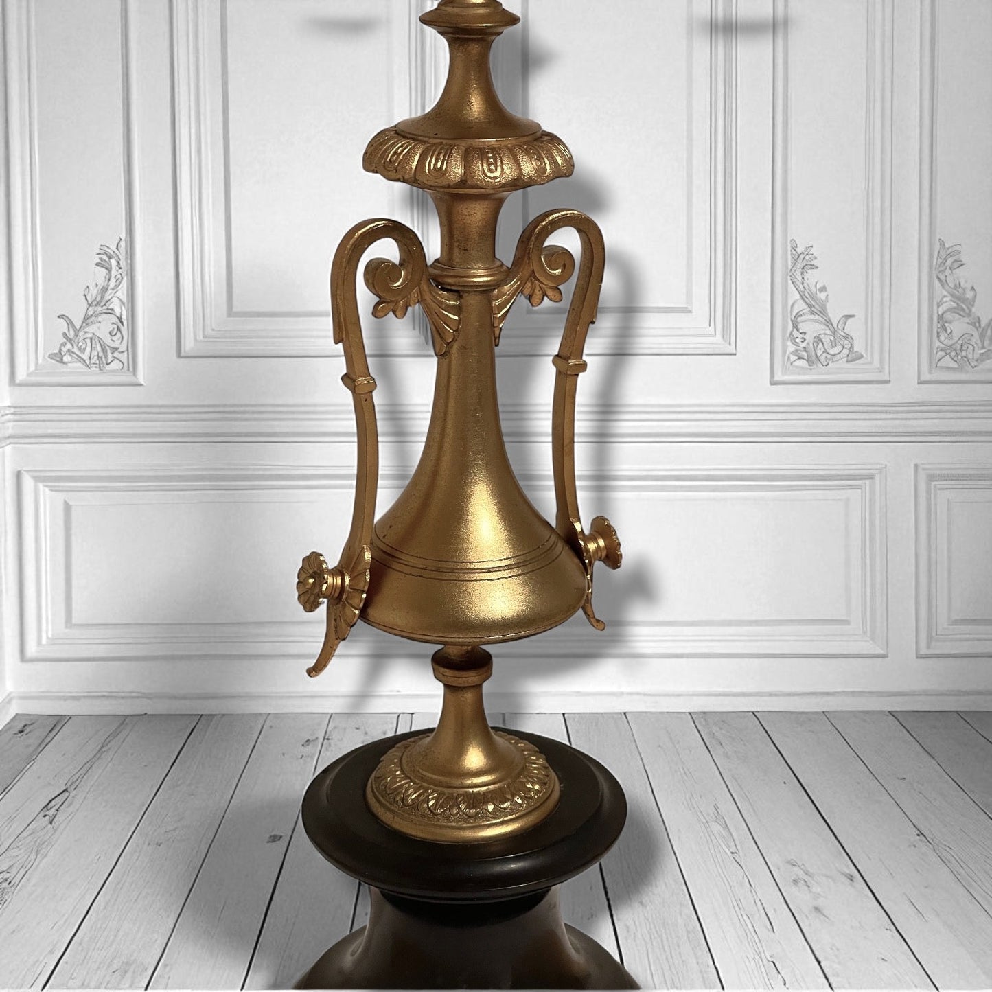 Pair of Tall Antique French Empire-Style Gilt Ormolu/Slate Candelabras 1880, 20 inches high