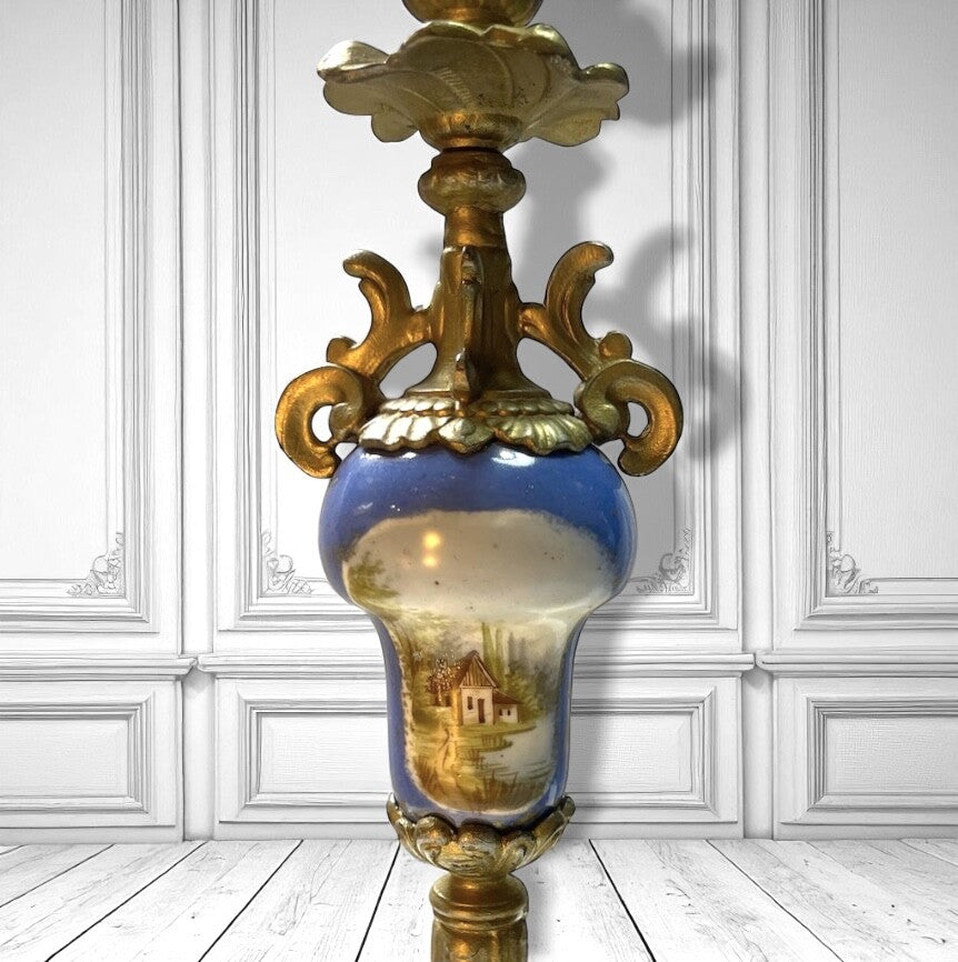 Pair of Antique French Ormolu & Porcelain Candlesticks Hand-Painted Landscape Panels – Rococo Revival, c. 1880–1900