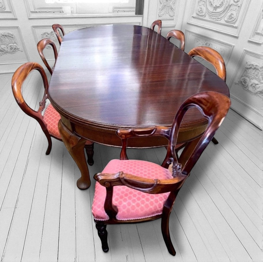 Antique Mahogany Dining Set – 10ft Wind-Out Table & 8 Balloon Back Chairs c1900