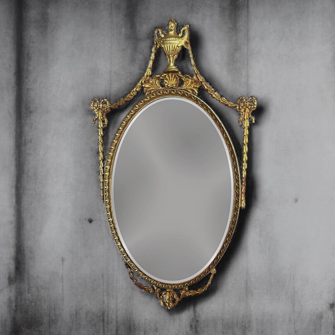 Large Antique Regency Adams Style Gilt Decorative Oval Bevelled Mirror.