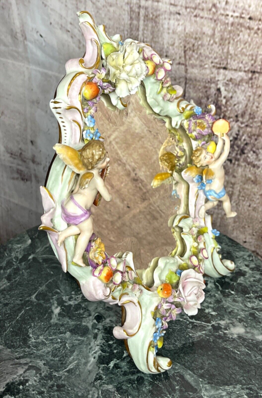 Sherholtz Dresden Porcelain Cherub Flower Vanity Mirror ,wall mount or stand.