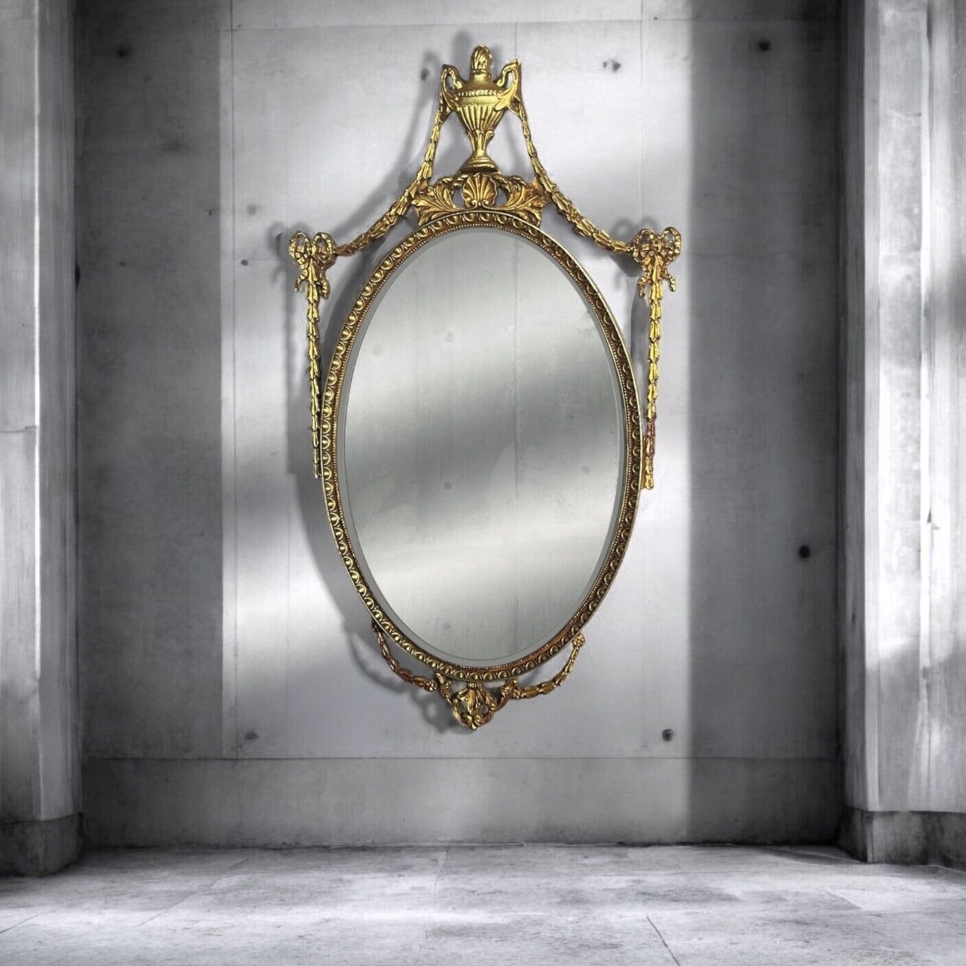 Large Antique Regency Adams Style Gilt Decorative Oval Bevelled Mirror.