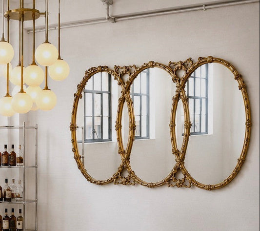 Gilt Hollywood Regency Mirror Triptych Triple Interlocking Oval Wall Bassett 1970
