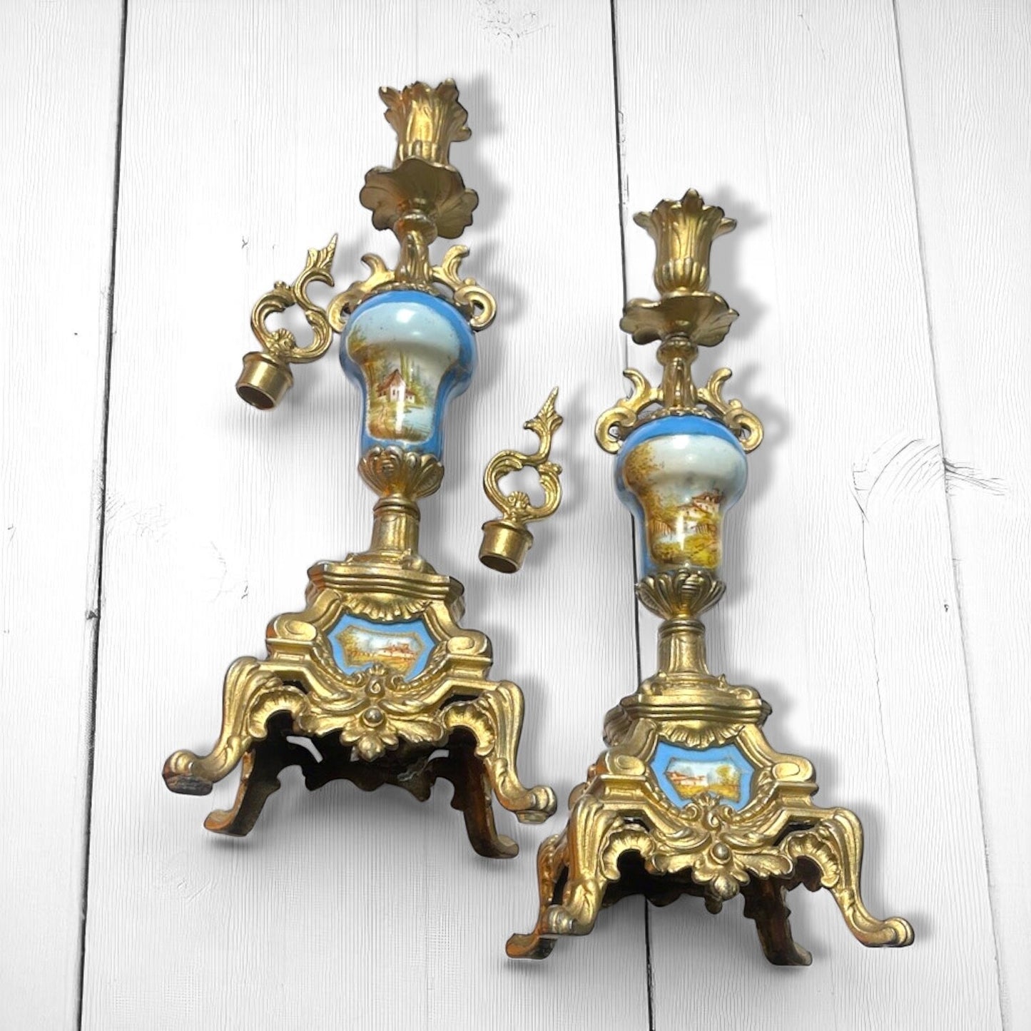 Pair of Antique French Ormolu & Porcelain Candlesticks Hand-Painted Landscape Panels – Rococo Revival, c. 1880–1900