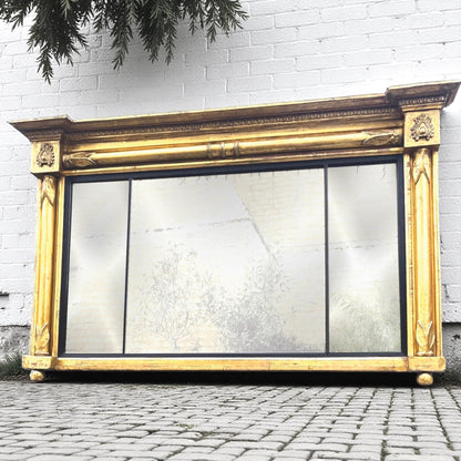Antique Regency Overmantel Gilded Triple Mirror , Leaf Crest, Mercury Glass c.1830