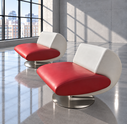 Pair Mid-Century Vintage Italian Space Age Leather Lounge Chairs 1970s Red/Cream