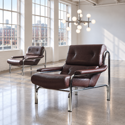 Pair of Pieff Mid Century Alpha Armchairs Tim Bates Oxblood Leather Chrome 1970s