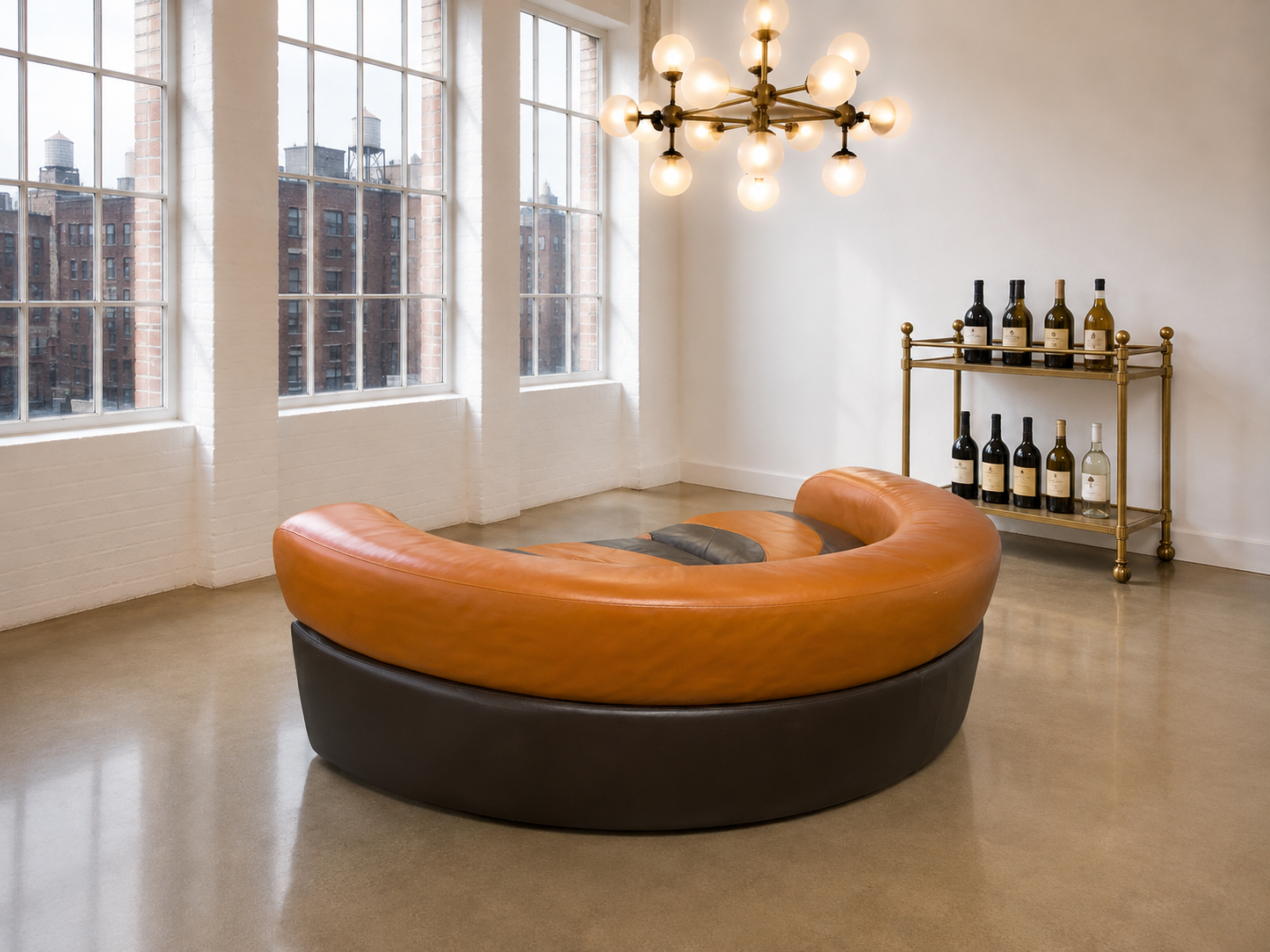 Mid Century Space Age 1970s Curved Sofa Cognac & Brown Leather