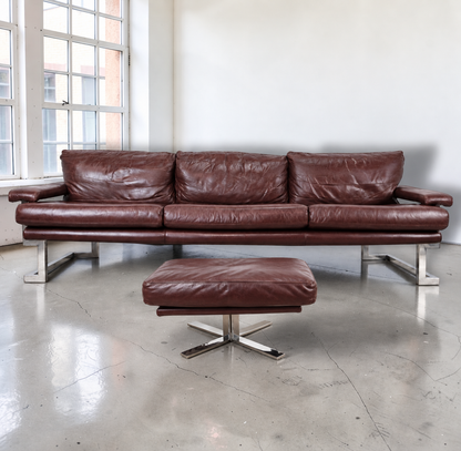 Mid Century Pieff Mandarin 3-Seater Sofa,Pair of Armchairs and rare footstool Tim Bates, 1970s