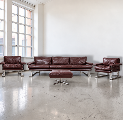 Mid Century Pieff Mandarin 3-Seater Sofa,Pair of Armchairs and rare footstool Tim Bates, 1970s