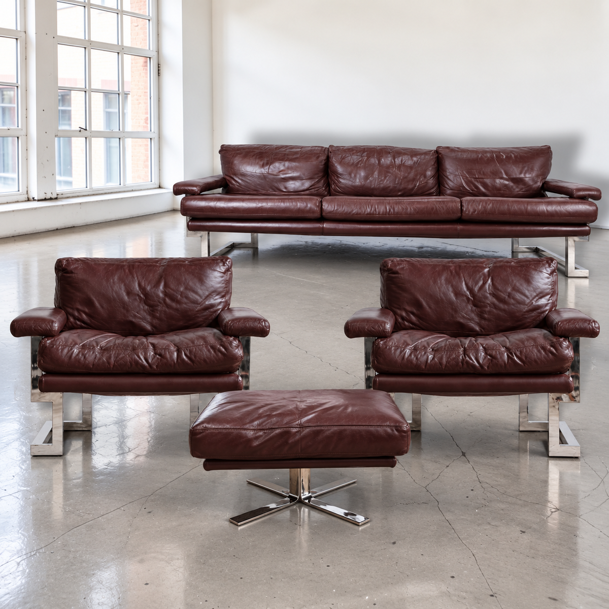 Mid Century Pieff Mandarin 3-Seater Sofa,Pair of Armchairs and rare footstool Tim Bates, 1970s