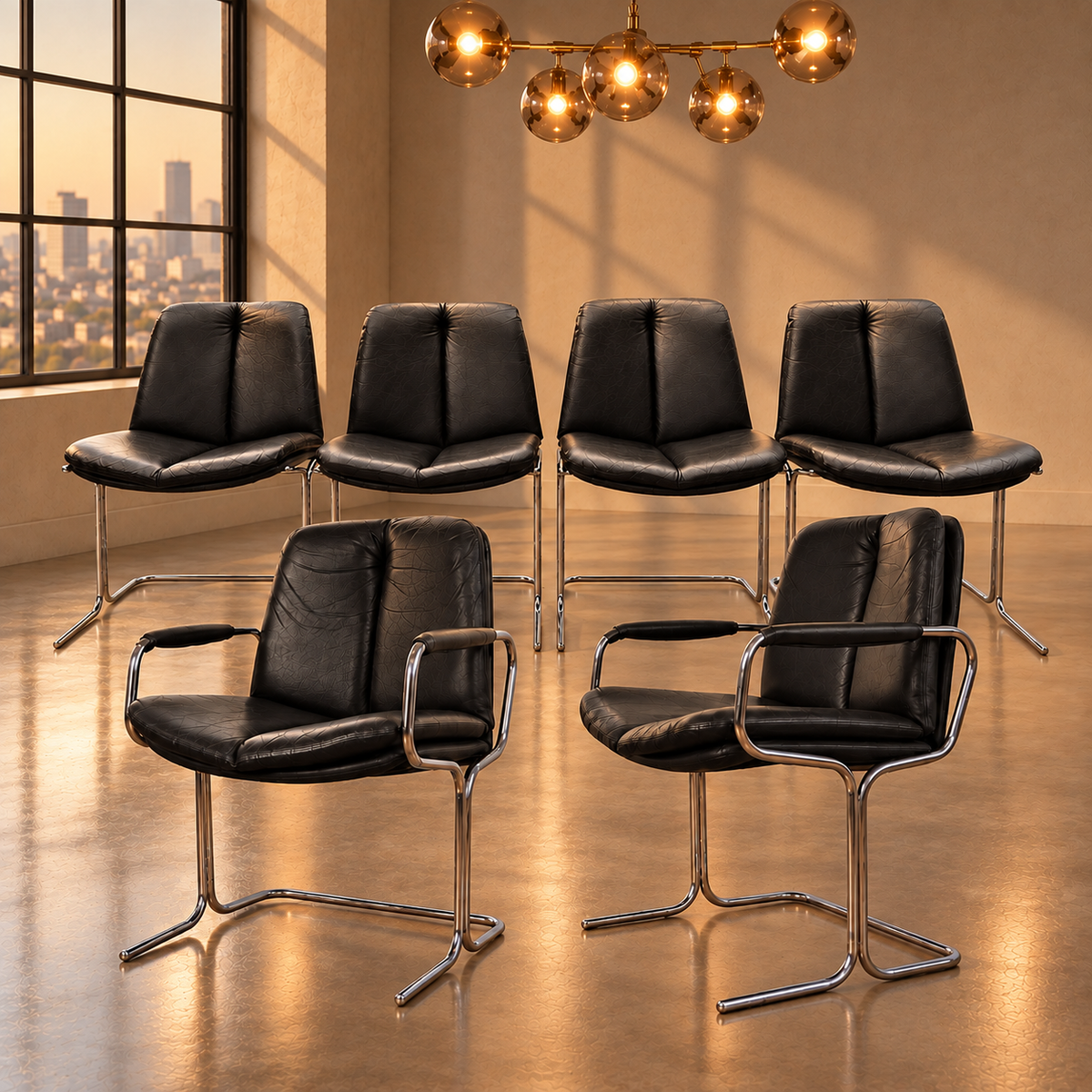 Mid century Pieff Tim Bates Eleganza 6 Leather Chairs & Epée Dining Table 1970s