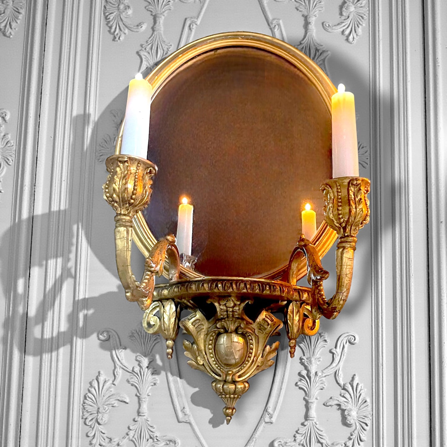Pair Antique French Louis XVI Giltwood Mirrored Sconces Fine Carved Girandoles c.1830 Original Mercury Glass.