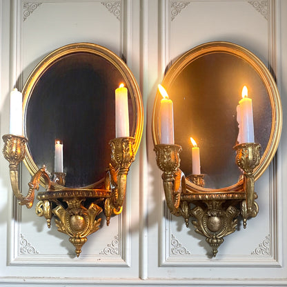 Pair Antique French Louis XVI Giltwood Mirrored Sconces Fine Carved Girandoles c.1830 Original Mercury Glass.