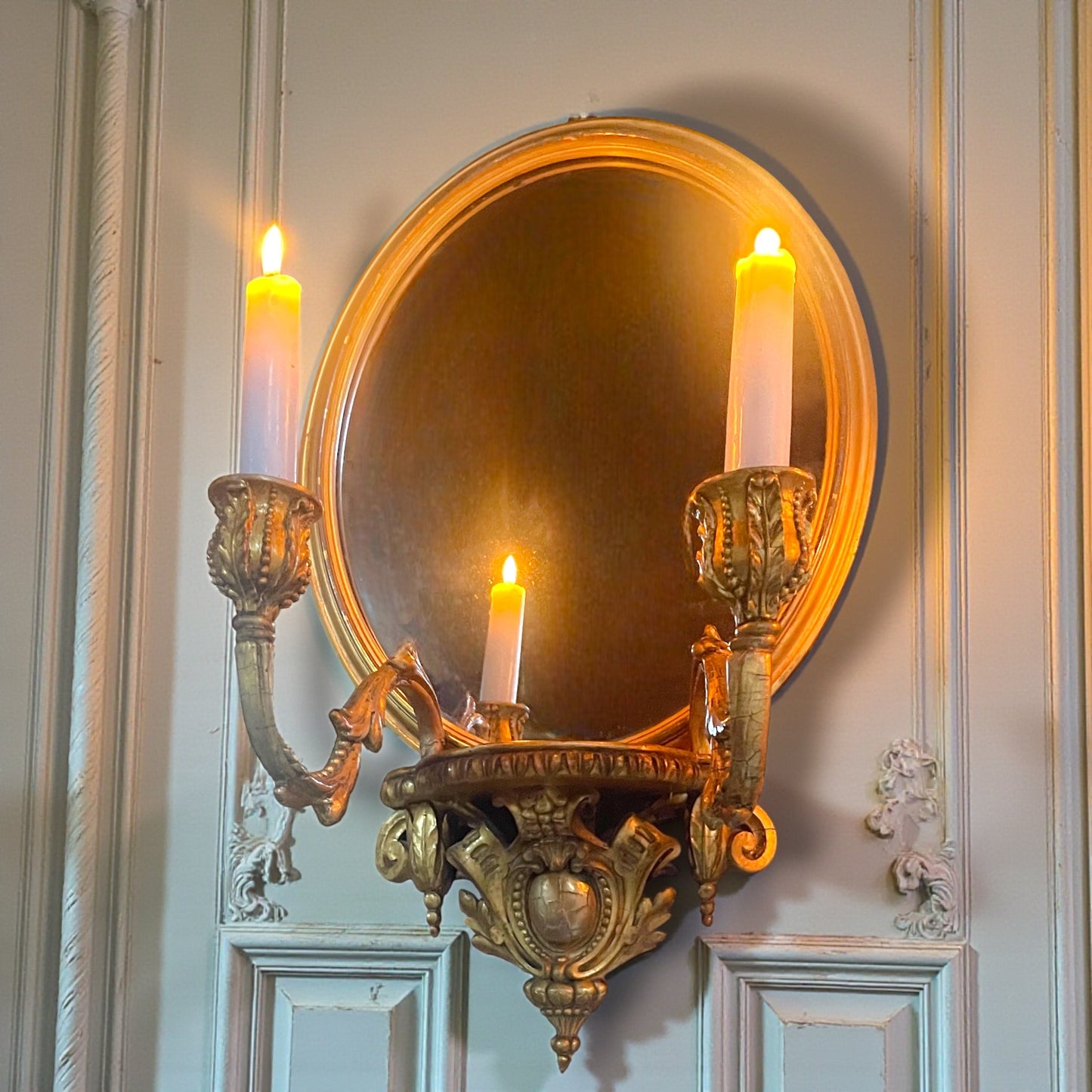 Pair Antique French Louis XVI Giltwood Mirrored Sconces Fine Carved Girandoles c.1830 Original Mercury Glass.
