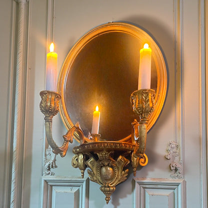 Pair Antique French Louis XVI Giltwood Mirrored Sconces Fine Carved Girandoles c.1830 Original Mercury Glass.