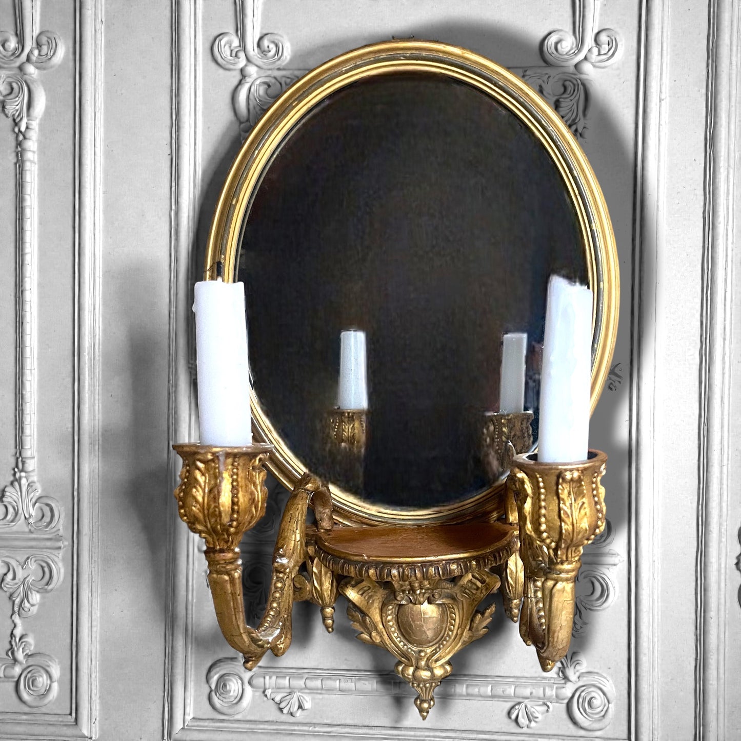 Pair Antique French Louis XVI Giltwood Mirrored Sconces Fine Carved Girandoles c.1830 Original Mercury Glass.